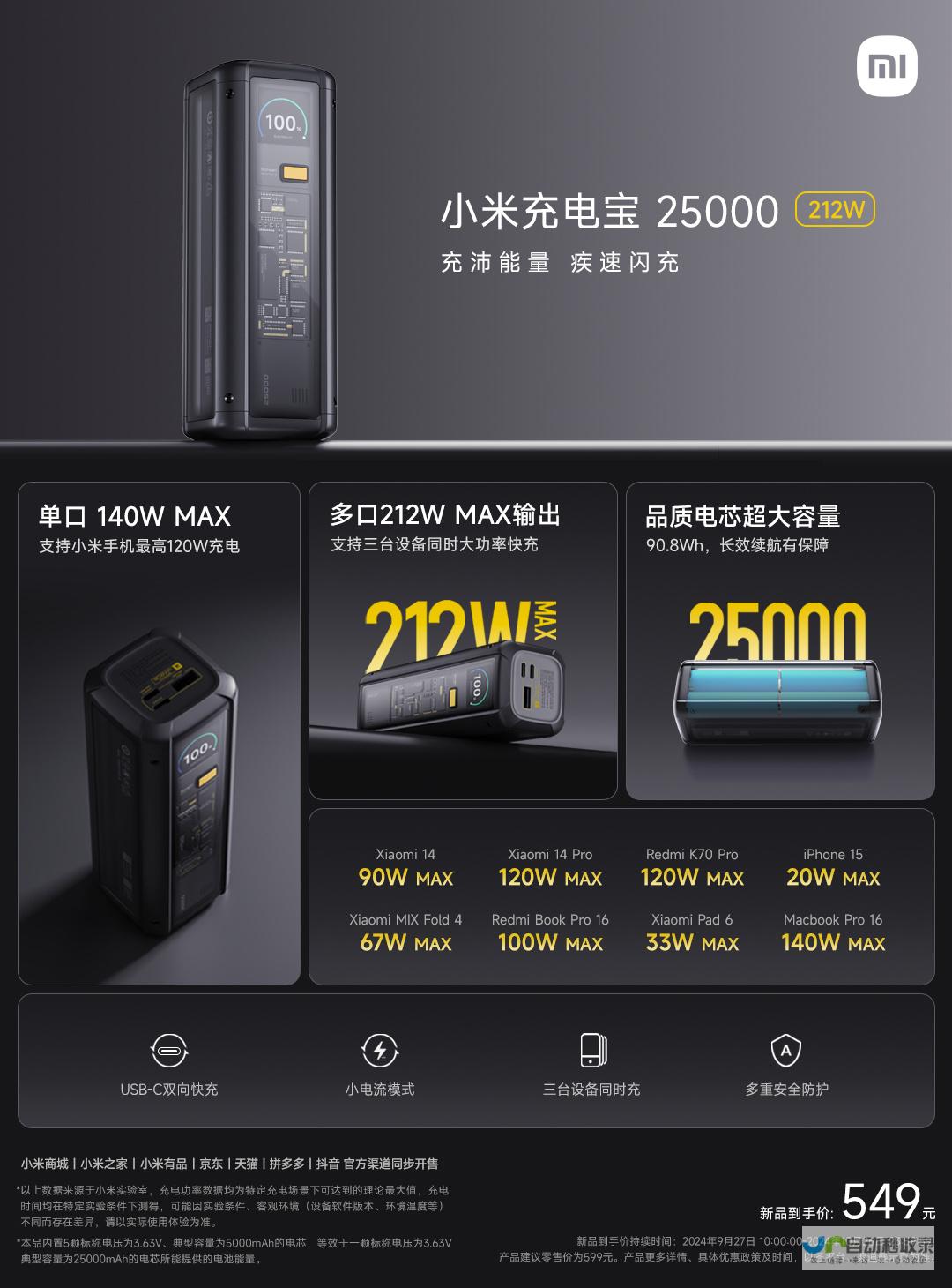 小米充电宝25000mAh 大容量存储电能